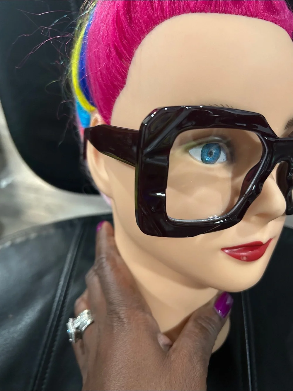 Oversized Square Frame Fashion Glasses - deep purple clear lens ready to wear.